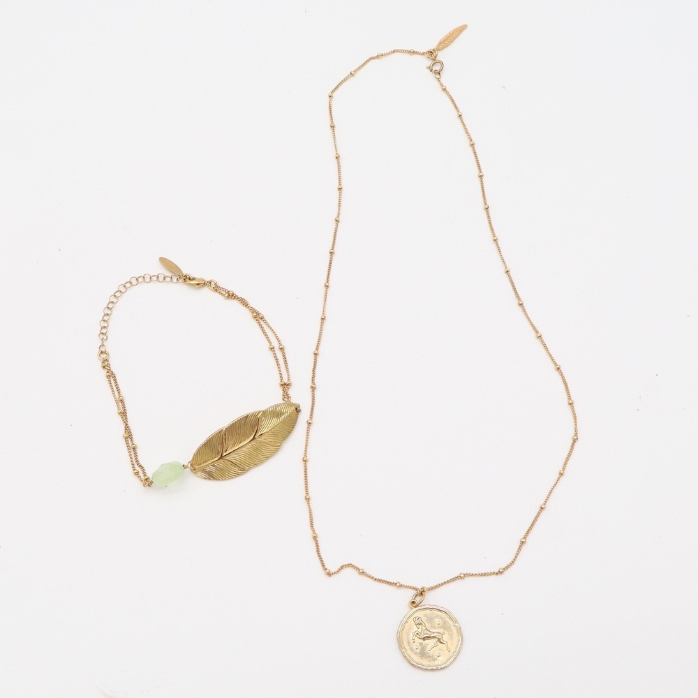 Laure Mory Jewelry Set Women OS Zodiac Coin Necklace Feather Bracelet Gold EXCL